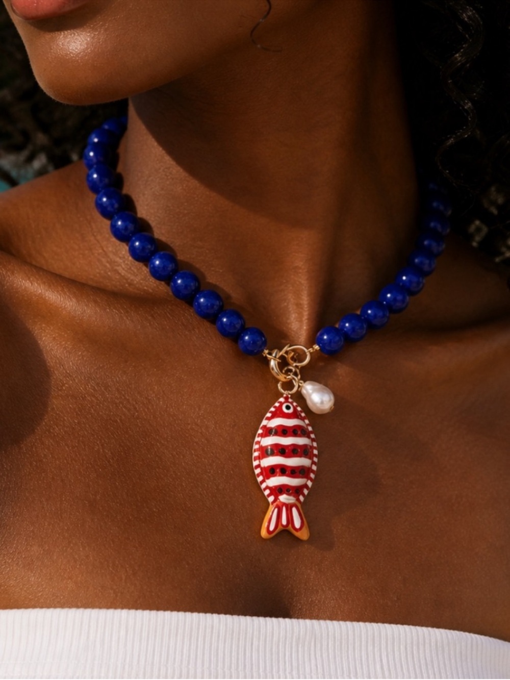 New! Coastal Red Fish Blue Beaded Necklace NWOT (3027)